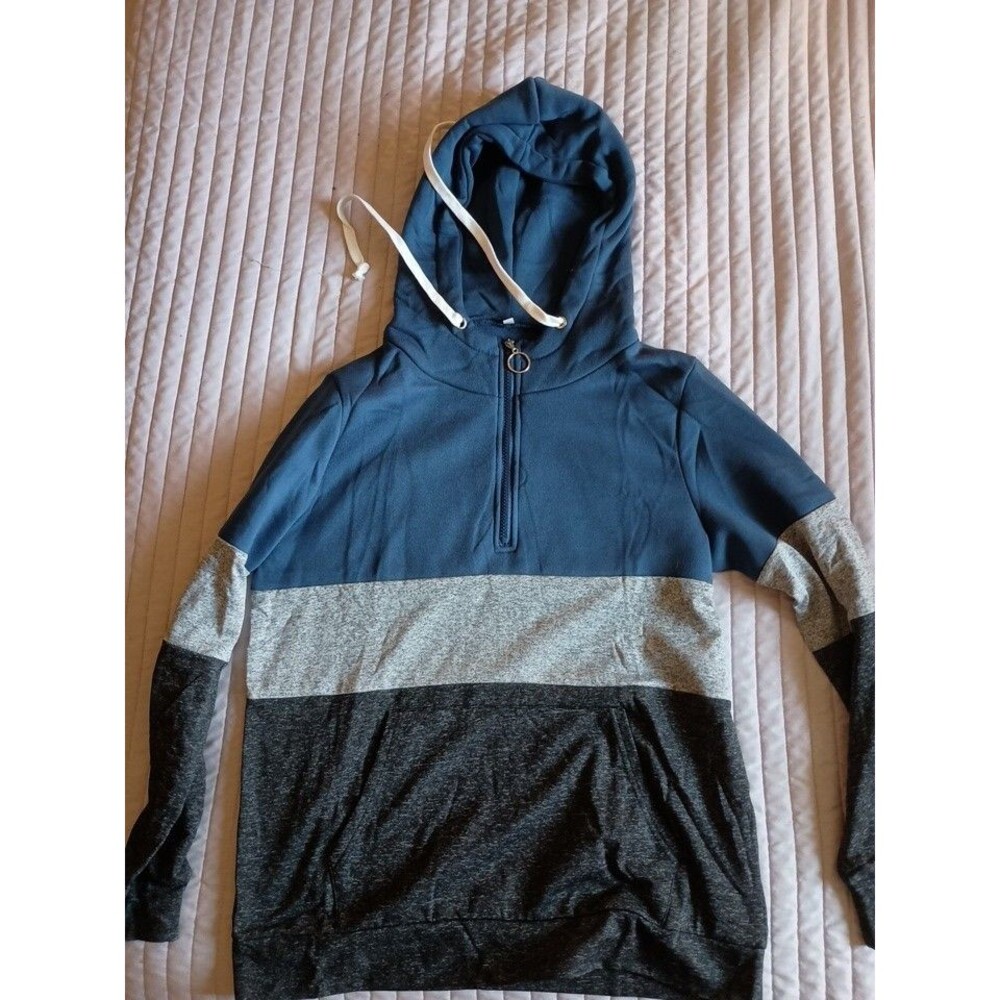 Women's Blue Grey 1/2 Zip Tech Fleece Hoodie Sweatshirt Sz Large